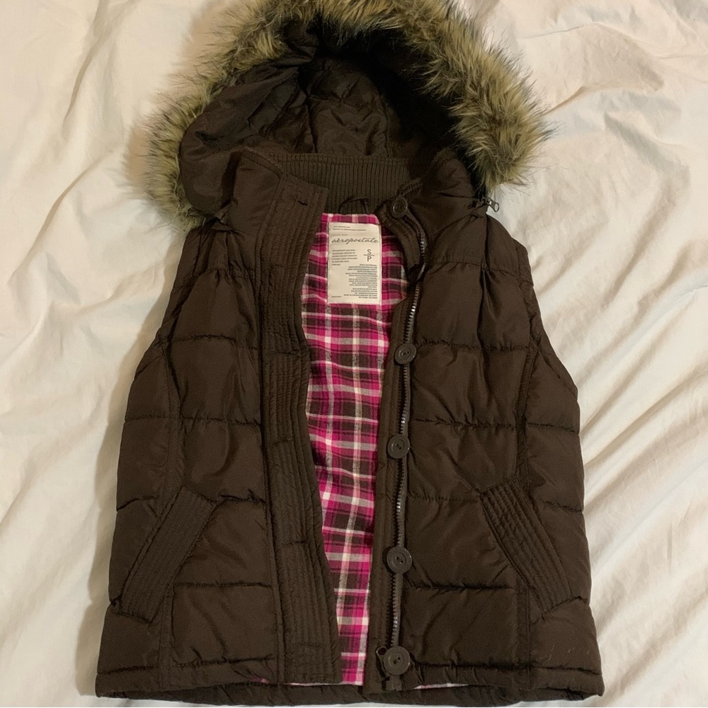 Vintage Aéropostale Bomber Vest with Faux Fur Hood